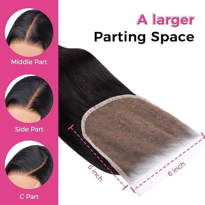 Lashey 6x6 SKINLIKE HD Lace Closure Straight, 0.10mm Ultra-Thin Invisible Real HD Closure Pre Bleached Knots Pre Plucked Hairline Human Hair 22 Inch Natural Black