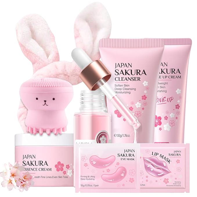 Sakura Skincare Set for Women Teen Girl Gifts - Skin Care Set Travel Size - Skincare for Girls 10-12 Hydrating - Birthday Gift Set face kit with Cleanser,Serum,Cream,Toner Up Cream,Eye & Lip Mask,8PCS