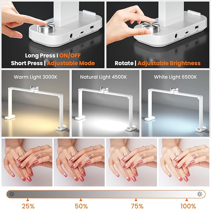 Nail Light for Desk,34 Inch 48W Half Moon Light-Adjustable 3000K-6000K Color Temp, 0-100% Brightness,Nails lamp with Phone Stand,for Nails Art,Tattoo,Eyebrow,Beauty,Reading,Salon