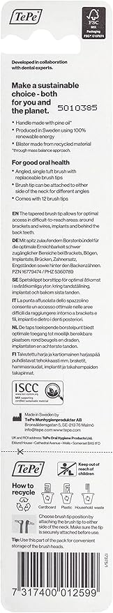 TePe Interspace Angled Medium Toothbrush for Braces with Single-End Tuft and Removable Head, 12 Pack