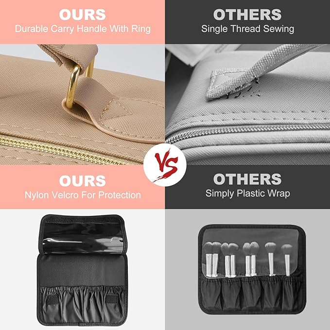 Mocado Travel Makeup Bag with LED Lighted Mirror,Travel Makeup Organizer,Makeup Case with 3 Color Lighted Setting and 10x Magnifying Mirror,Portable Storage and Adjustable Dividers Makeup Box(Khaki)