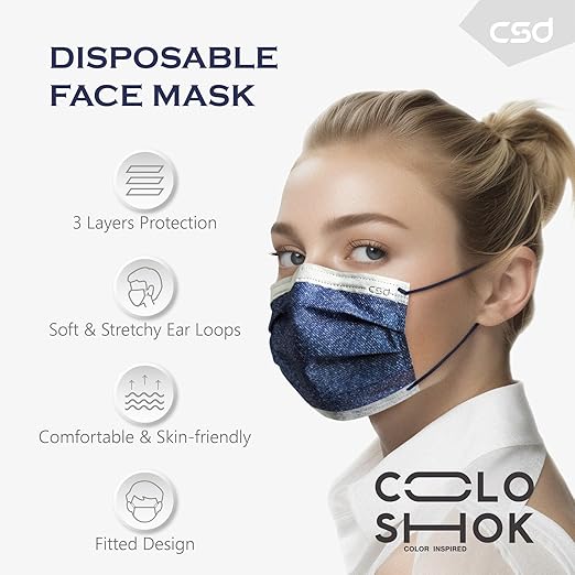 CSD Colo 30 Pcs Blue Disposable Face Masks, 3 Ply Adult Mask with Elastic Ear Loop, Nose Bridge Clip, Breathable Comfortable Mask Great for Indoor, Outdoors Use (Jean Blue)