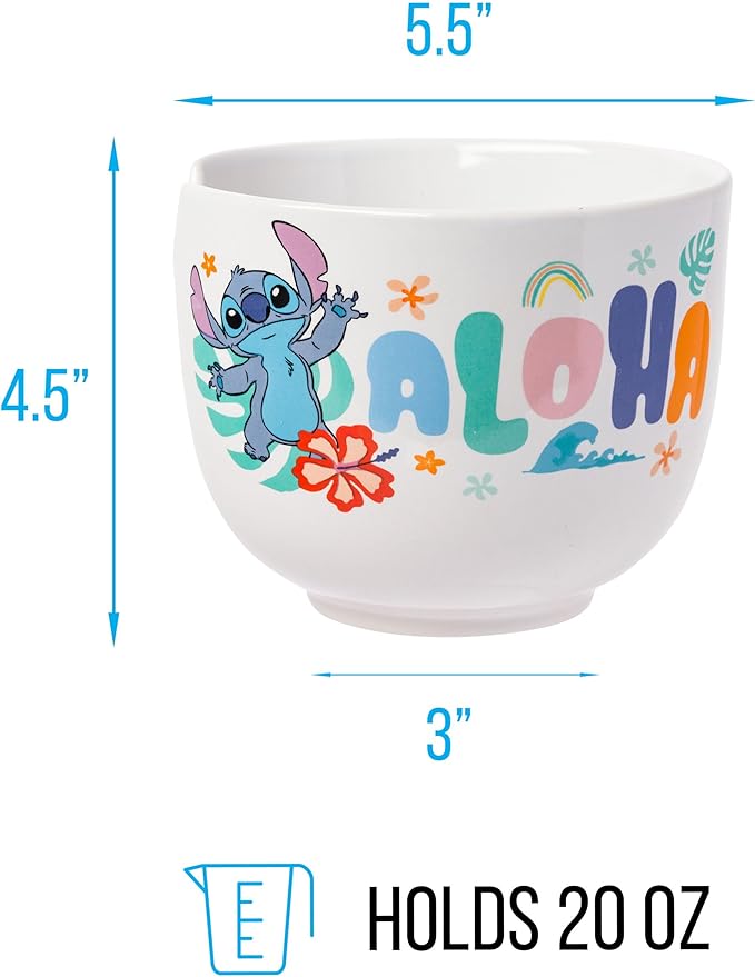 Silver Buffalo Disney Lilo and Stitch Aloha Tropical Ceramic Ramen Noodle Rice Bowl with Chopsticks, Microwave Safe, 20 Ounces