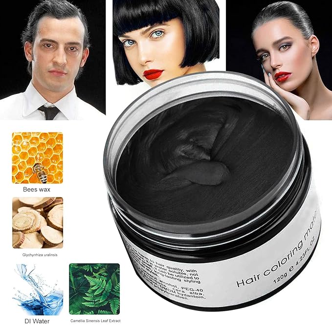 Black Temporary Hair Color,Natural Hair Color Wax,Hair Wax Color Spray 4.23 Ounces, Hair Dye Pomades for Christmas Parties,Role Playing and Halloween (Black)