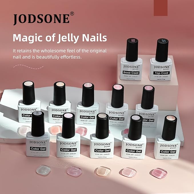 JODSONE 12 PCS Gel Nail Polish Set with Base Coat Top Coat 10 Colors White Pink Nude Jelly Gel Polish Perfect for DIY Nail Art at Home