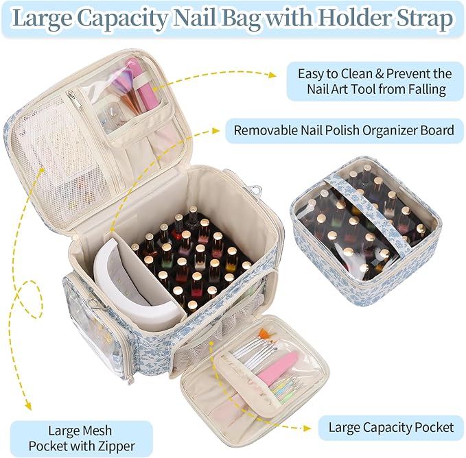 Nail Polish Organizer, Nail Polish Storage Holds 42+ Bottles & Nail Lamp, Portable Travel Nail Kit Storage Carrying Case Fits Nail Suppiles, Gift for Manicurist, Grils - Blue Flower