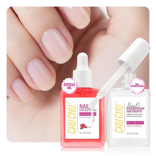 2 in 1 Nail Strengthener and Rose Cuticle Oil Set: Clear Nail Hardener Polish Extra Strong and Growth - Repair Brittle Damaged Dry Nail and Cuticle - for Women Beginner Home Salon Gift