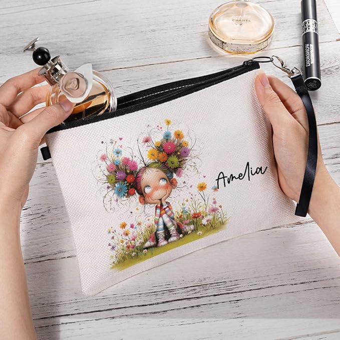 Personalized Makeup Bag | Custom 15 Styles Cute Quirky Girl with Name | Christmas Birthday Gifts for Women Her