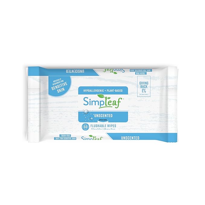 Simpleaf Flushable Wet Wipes Unscented | Plastic Free, Paraben & Alcohol Free | Hypoallergenic & Safe for Sensitive Skin | Soothing Aloe Formula | Adult Toilet Wipes (6 x 50 Counts Pack) 300 Counts