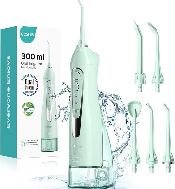 COSLUS Water Dental Flosser Teeth Pick: Portable Cordless Oral Irrigator 300ML Rechargeable Travel Irrigation Cleaner IPX7 Waterproof Electric Flossing Machine for Teeth Cleaning C20(F5020E) Green