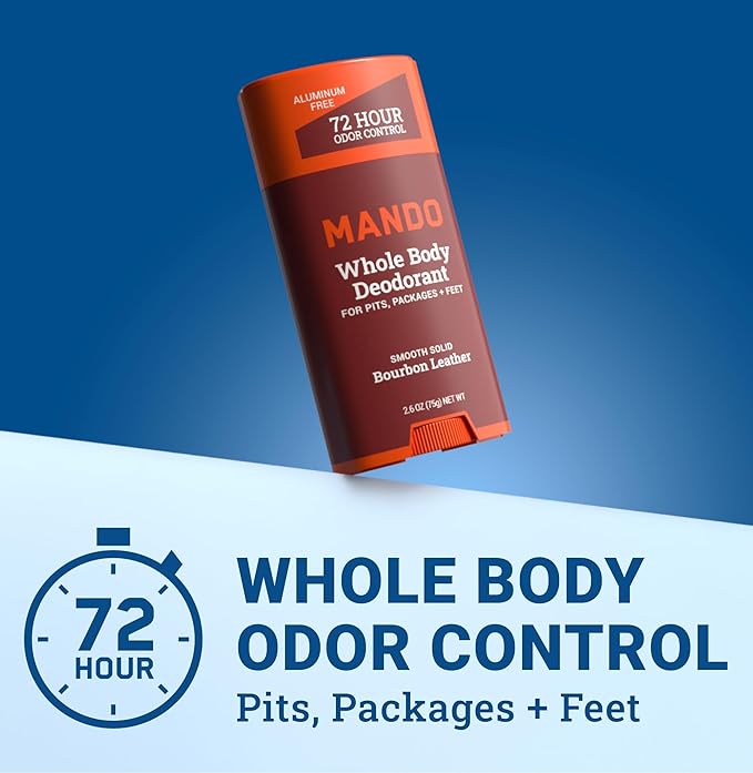Mando Whole Body Deodorant For Men - Smooth Solid Stick - 72 Hour Odor Control - Aluminum Free, Baking Soda Free, Skin Safe - 2.6 Ounce (Pack of 2) - Bourbon Leather