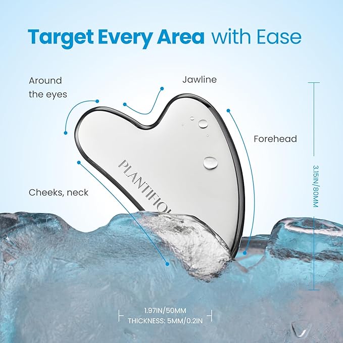 PLANTIFIQUE Facial Ice Roller and Stainless Steel Gua Sha Set - Cryotherapy Skin Care Massage Tools - Metal Massager Set for Puffy Face, Under Eyes and Body