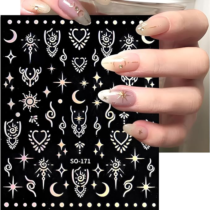 12 Sheets Star Nail Stickers for Nail Art Gold Moon Star Nail Art Stickers Decals 3D Self Adhesive Aurora Nail Decals Silver Star Nail Art Design Decoration Accessories for Women, Style 3