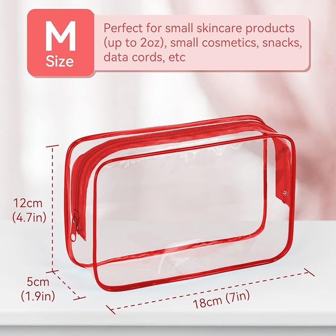 TISRATOK 12 PCS Clear Makeup Bag for Women with Zipper, TSA Approved Toiletry Pouch, Cosmetic Bag Bulk for Travel Organizer Essentials - Red, Medium