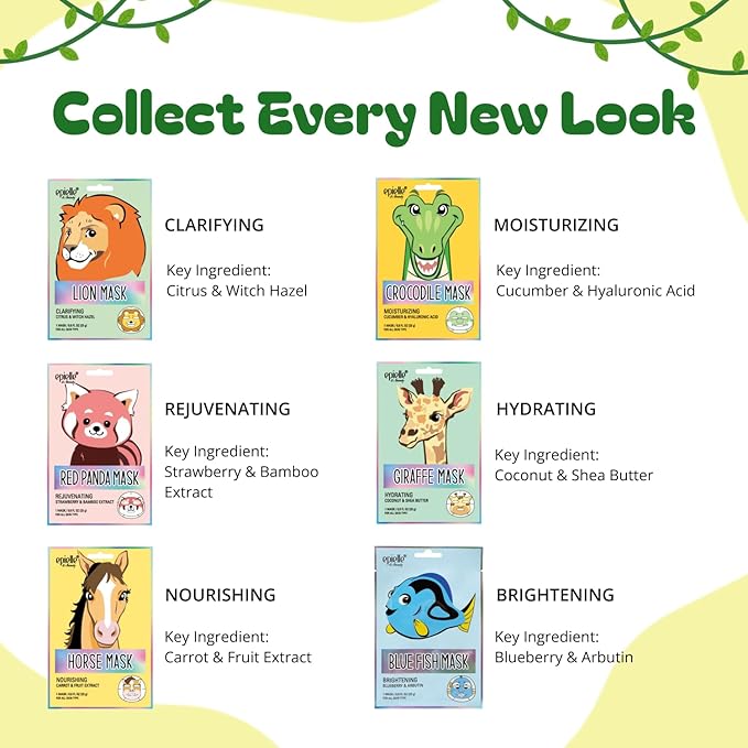 Epielle Character Face Mask Wild Kingdom 12 Pack, Fun & Effective Korean Skin Care, Spa Party Favors, Stocking Stuffers, Birthday Gifts for Women, Thanksgiving Essentials