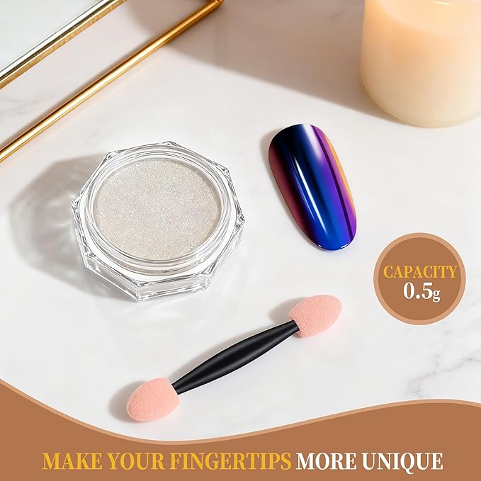 Artdone 16 Colors 0.5gram Chrome Nail Powder, Iridescent Aurora Chameleon Powder Metallic Mirror Effect Pigment Pearlescent Mermaid Pearl Glitter Dust Kit, Nail Art Decoration, Resin Craft