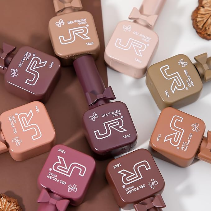 JR 9 Colors 0.5oz Brown Gel Nail Polish Set Bow Bottle Design Nude Gel Polish Kit UV LED Soak Off Polish Home DIY Gift Fall Gel Polish Series