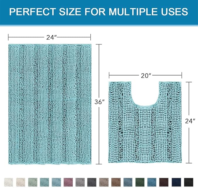 H.VERSAILTEX Bathroom Rugs Bath Rug Set 2 Piece Bathroom Contour Rug Toilet Mat Sets Non Slip Contour Bath Rug Ultra Thick Water Absorbent Striped Bath Mats(36" x 24" Plus 20" x 24" U, Aqua Haze)