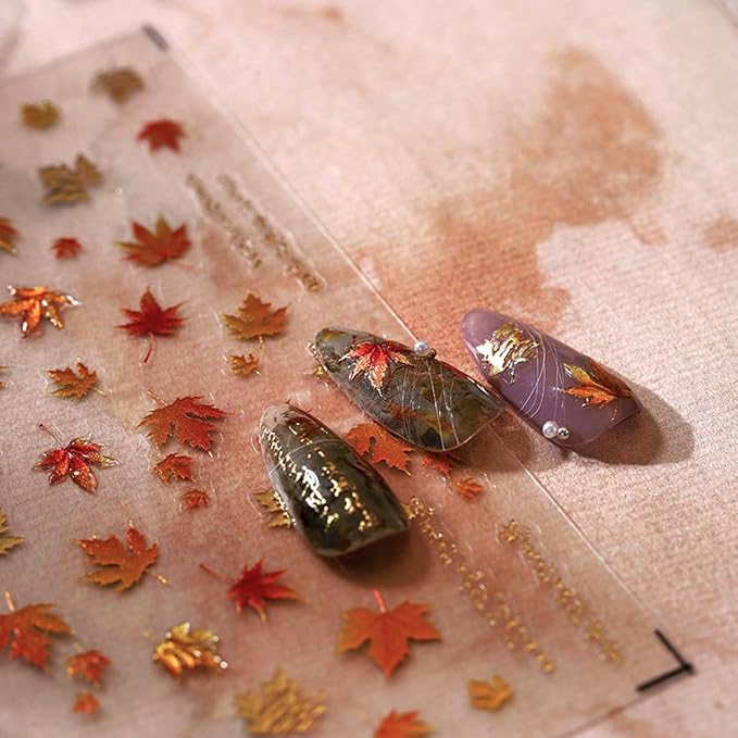 Fall Nail Art Stickers 5D Embossed Maple Leaf Nail Decals Autumn Leaves Nails Design Self-Adhesive Nail Art Supplies Fall Maple Leaf Manicure Sliders for Women Thanksgiving DIY Manicure Decorations
