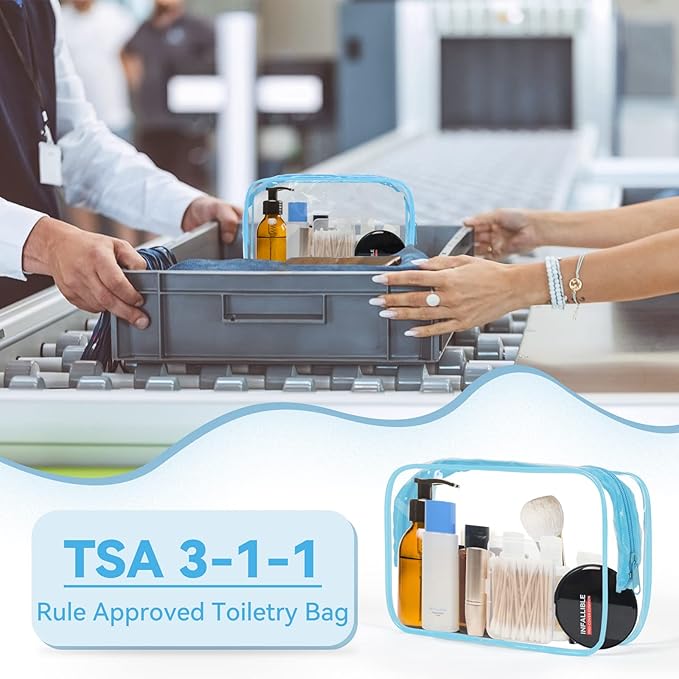 TISRATOK 12 PCS Clear Makeup Bag for Women with Zipper, TSA Approved Toiletry Pouch, Cosmetic Bag Bulk for Travel Organizer Essentials - Blue,Medium