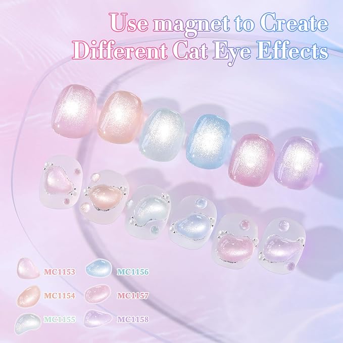 Double Rhythm Cat Eye Gel Nail Polish Set of 6 Same Color Same Bottle 0.5 Oz Shimmer Glitter with Magnet Holographic Reflective Magnetic UV Nail Polish Kit (Silver Nude Pink Blue Purple-T6-28)