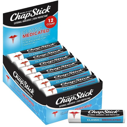 ChapStick Bulk Medicated Lip Balm 12-Pack – External Analgesic, Skin Protectant for Dry Lips & Cold Sore Pain Relief, 0.15 Oz Ea