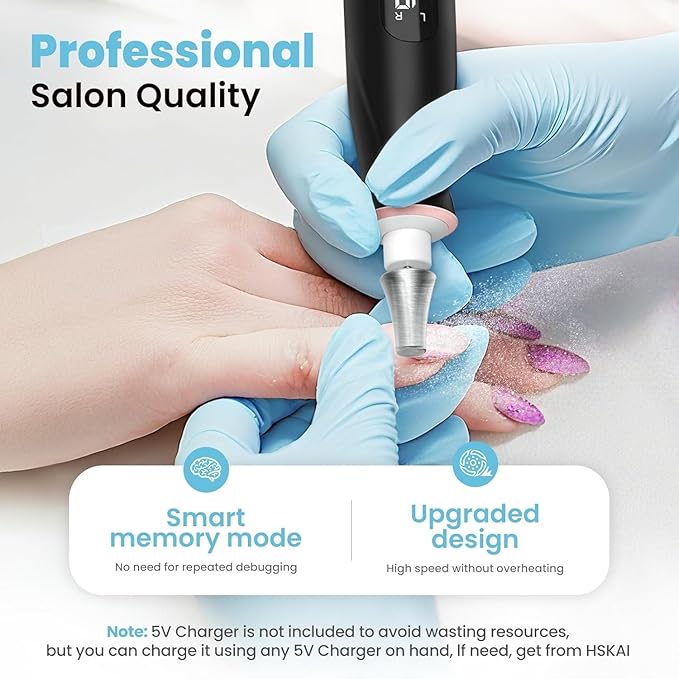 Electric Nail File Drill: HSKAI Nail Drill with LCD & Lamp, Long-Lasting Thick Toenail Grind, Rechargeable & Cordless Toe Nail Filer Tools for Manicure and Pedicure, Gifts for Women and Men