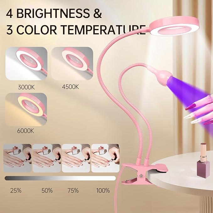 AORAEM LED UV Nail Lamp: Double-Headed Gooseneck U V Lamp for Gel Nails, LED Flash Cure Light with 6X Magnifier Home DIY Salon, Pink