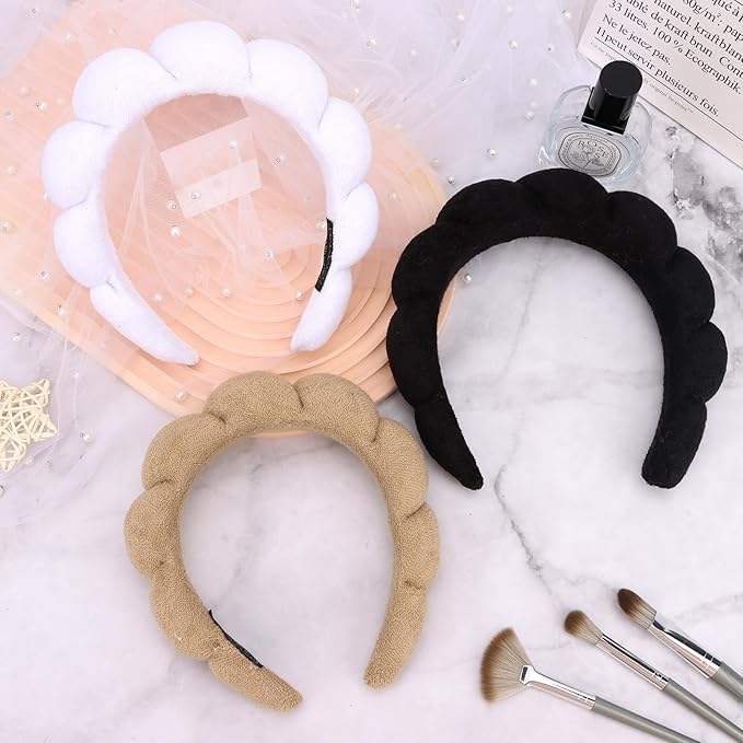 3 Pack Spa Headbands - Terry Cloth Makeup Headbands with Sponge for Skincare and Face Washing, Puffy Hair Band