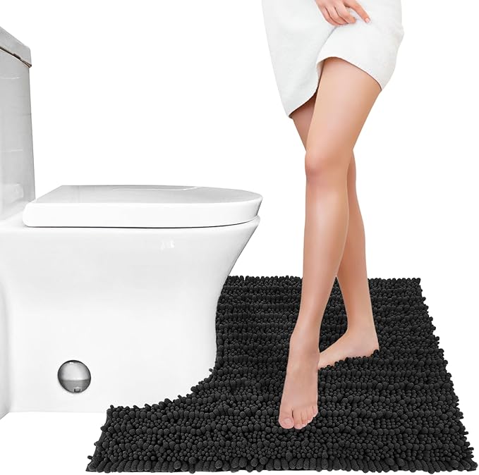 Yimobra Toilet Rug U Shaped Washable 24x20 Inch - Ultra Soft Absorbent Chenille Bath Rugs for Toilet, Quick Dry & Machine Washable, Non Slip Contour Bathroom Mat, Black