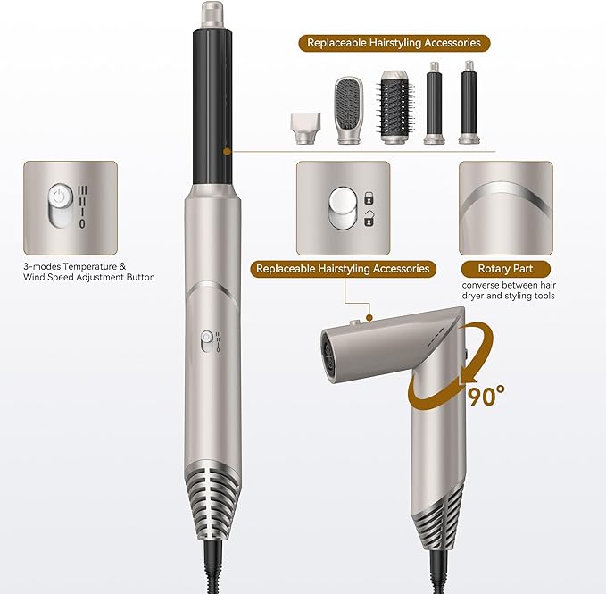 5 in 1 Blow Dryer Brush,Hair Dryer Brush with Detachable Air Styler,Negative Ionic Magic Hair Styler,Hot Air Brush for Women Volumizer,Straightener,Drying