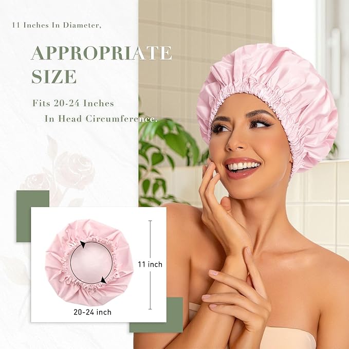 Reusable Shower Cap for Women, Large Waterproof Shower Bonnet Washable Elastic Band Bath Hair Hat for Long Hair, Braids(Pink)