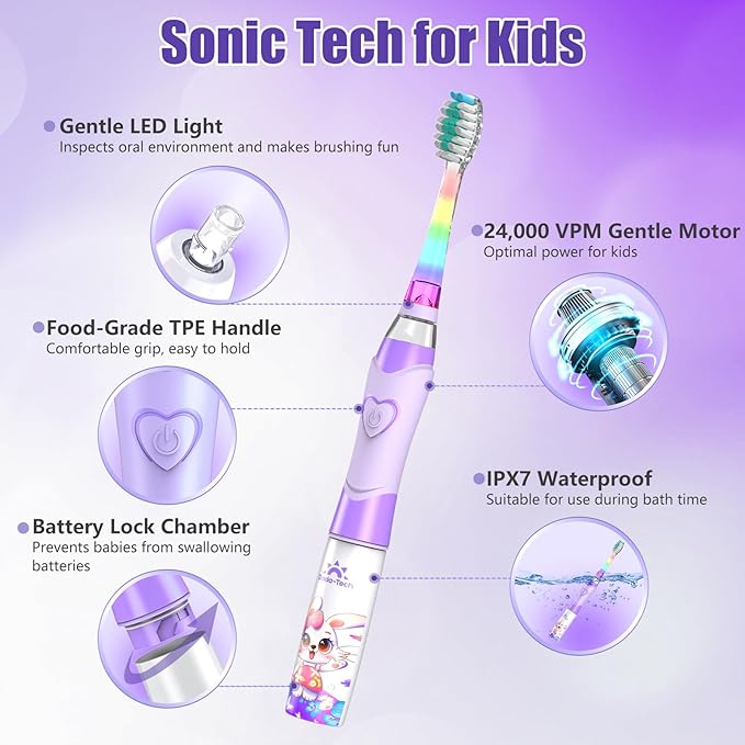 Kids Electric Toothbrush with Timer Toddler Toothbrush Age 2-4-8-12 Girls Electric Toothbrush Rainbow LED Light Up Vibrating Toothbrush Battery Operated Childrens Sonic Tooth Brush (Rabbit Purple)