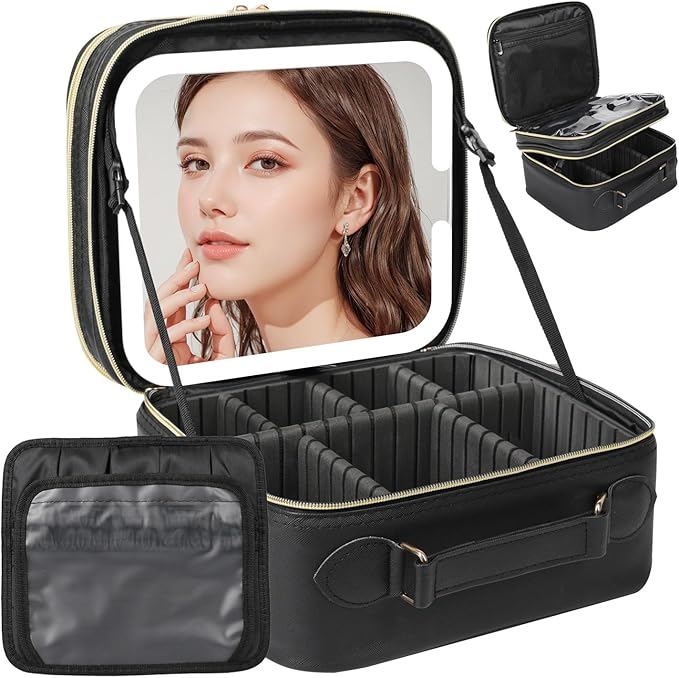 Travel Makeup Bag with LED Mirror Double Layer, Detachable Vanity Mirror with Lights, Tri-light Dimmable, Makeup Case with Adjustable Dividers and Brush Holder Cosmetic Organizer Storage Box