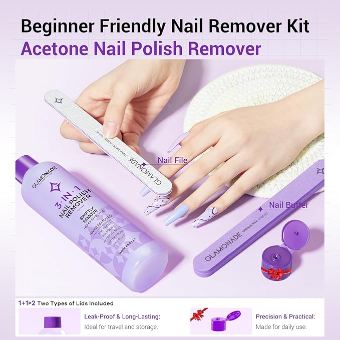 Acetone Nail Polish Remover Kit: Manicure Kit Includes Nail File and Nail Buffer Block, Soak off Gel Polish Remover for Gel Acrylic Glitter Nail Glue for Home Salon(8 Fl.Oz.)