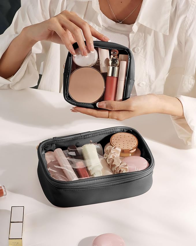 Pomimut Clear Makeup Bag,Mini Makeup Pouch Organizer Fit Carry-on Travel Essentials,TSA Approved Toiletry Bag Clear Cosmetic Bags for Women Men,Black