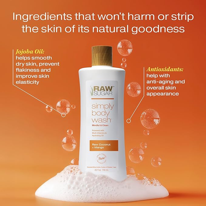 RAW SUGAR Simply Body Wash - Raw Coconut + Mango, Moisturizing & Soothing Bath & Shower Gel, Sulfate-Free, Paraben-Free & Vegan (Pack of 3)