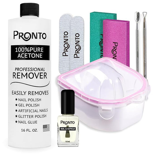 Pronto Gel Nail Polish Remover Kit - 16oz Pure Acetone, Nail Soaking Bowl, Moisturizing Cuticle Oil, Manicure Kit Including Gel Nail Polish Tools, Nail File, Nail Buffer, Cuticle Pusher & Nail Scraper
