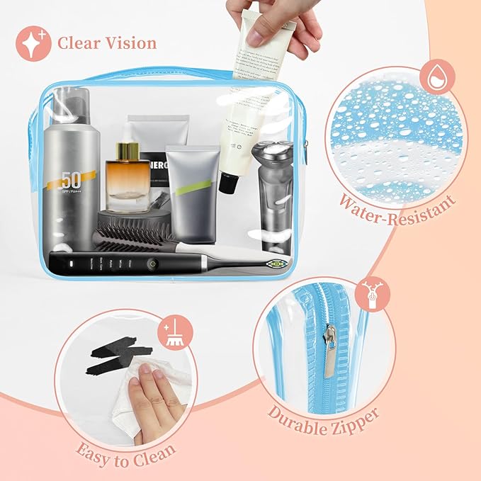 TISRATOK 12 PCS Clear Makeup Bag for Women with Zipper, TSA Approved Toiletry Pouch, Cosmetic Bag Bulk for Travel Organizer Essentials - Blue,Large