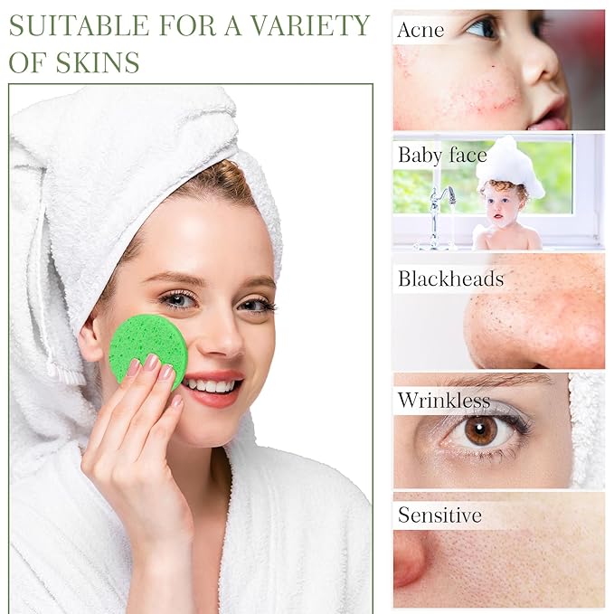 120 Pcs Compressed Facial Sponges Natural Face Exfoliator Disposable Face Sponges for Cleansing Round Soft Facial Scrubber Pads with Storage Container for Makeup Removal Travel (Green)