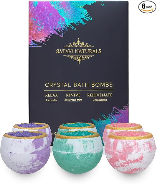 Crystal Bath Bombs Gift Set (6 Pack) – Aromatherapy Bath Bombs with Bath Salts. Lavender, Eucalyptus Mint & Citrus - Relaxation Gifts for Women, Self Care Gifts for Women & Men, Stocking Stuffers