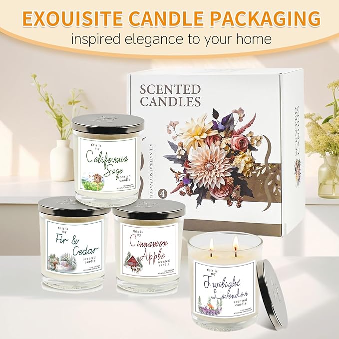4 Pack Large Jar Candles with Double Wicks, Scented Candles for Home, 11.3oz Each, 240 Hour Burn Time, Aromatherapy Gift Set for Women, Cinnamon Apple, Lavender, Fir & Cedar, California Sage