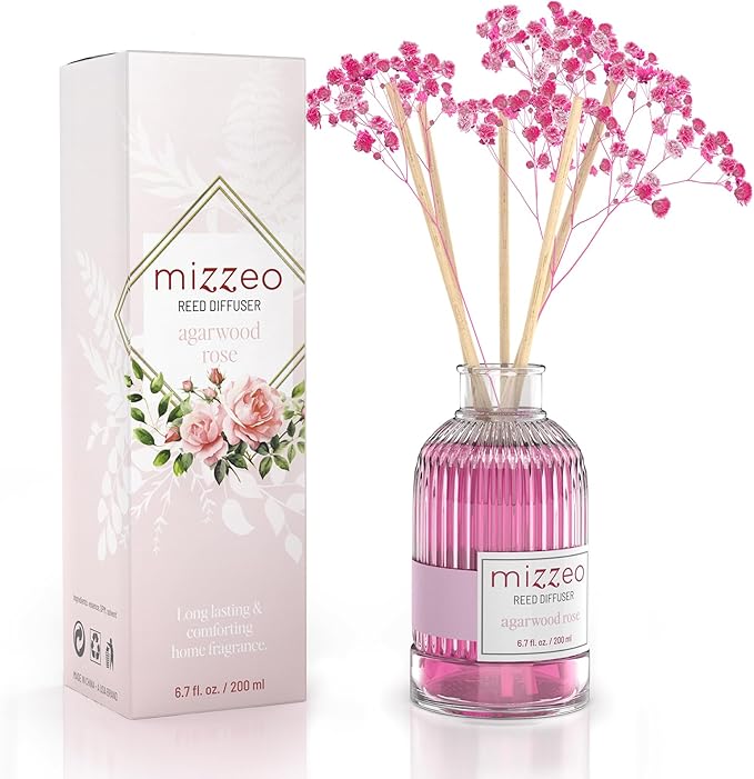 MIZZEO Reed Diffuser Set, Agarwood Rose 6.76 fl oz Highly Scented Room Diffuser Home Fragrance Essential Oil Reed Flower Diffuser, House Bedroom Office Decor & Gifts