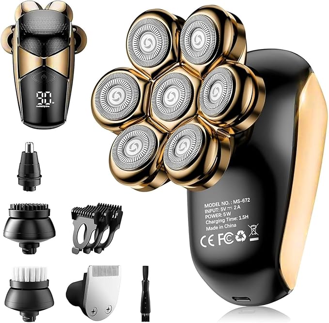 SHPAVVER Head Shavers for Bald Men: 5-in-1 Upgraded Electric Razor - IPX7 Waterproof Shaving Grooming Kit for Balder - Turbo Speed & Precision Blades (Gold Black)