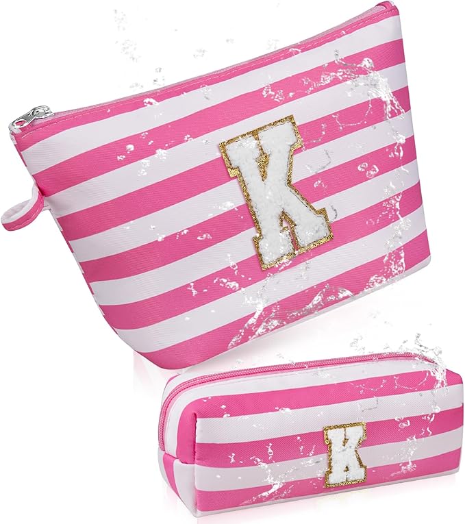Initial Makeup Bag Personalized Stripe Cosmetic Bag Cute Waterproof Travel Toiletry Bag Birthday Gifts for 10 11 12 13 14 15 16 Years Old Teen Girl Gift Trendy Stuff (Pink K)