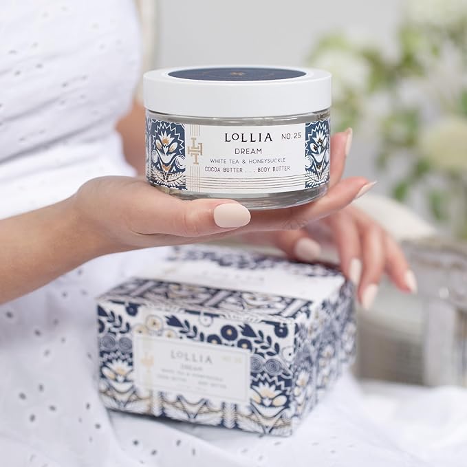 LOLLIA Dream Body Butter, 5.5 oz, White Tea & Honeysuckle Scented Balm for Women, Moisturizing Thick Shea & Cocoa Butter Lotion, Luxury Hydrating Skin Cream for Self Care
