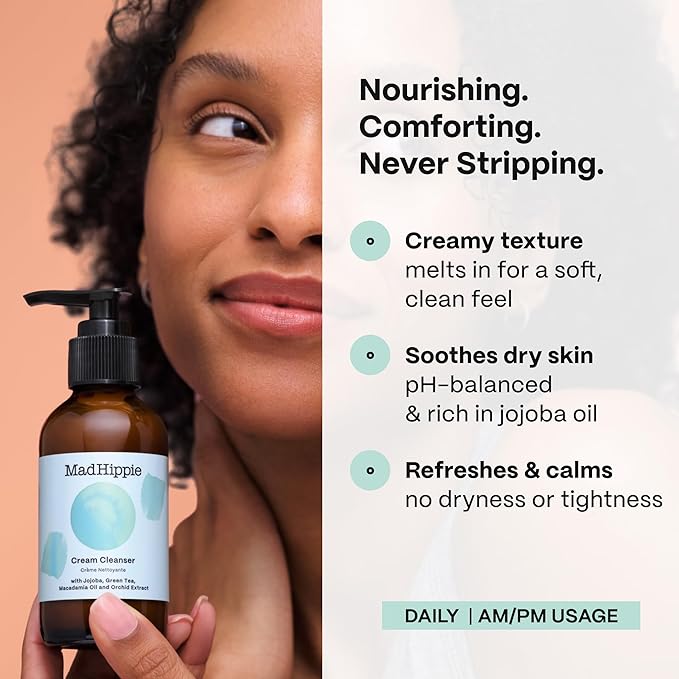 Mad Hippie Cream Cleanser – Gentle Formula with Hyaluronic Acid, Jojoba Oil & Green Tea, Skin Barrier Protection, 4 Oz Ea