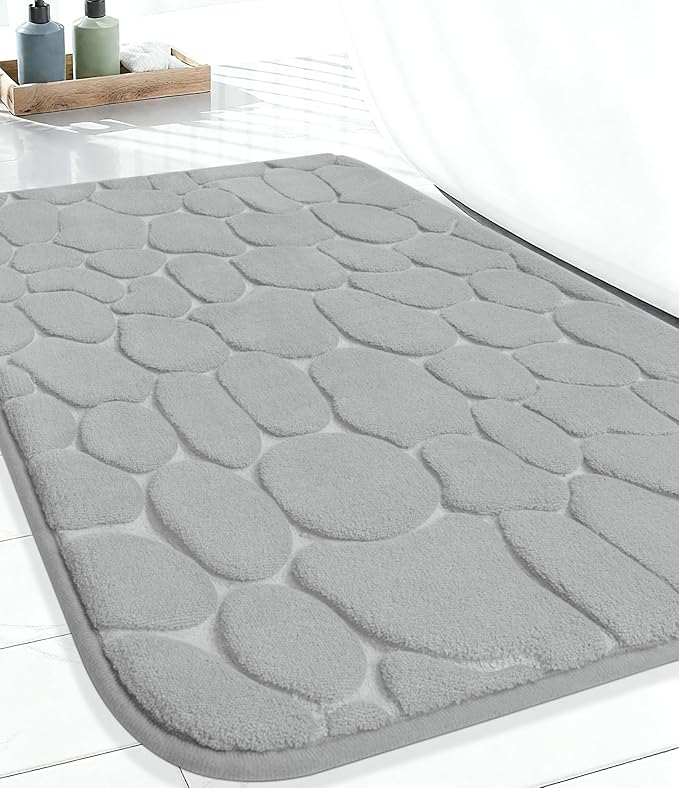 YIHOUSE Memory Foam Runner Rug, Cobblestone Bathroom Runner Rugs Super Water Absorbent Bath Mats for Bathroom Machine Washable Bath Rugs for Hallway Bedroom Laundry Room(26 x 50,Light Gray)