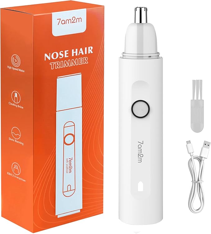 7AM2M PersonalCare Electric Nose and Ear Hair Trimmer – Rechargeable, 9000 RPM High-Speed Precision Cutting, Detachable Washable Blade, Portable Design White