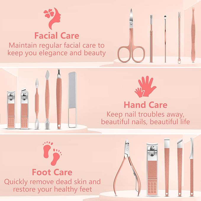 Manicure Set 16Pcs Professional Stainless Steel Pedicure Kit Mens Grooming Kit Fingernail & Toenail Clippers Set Manicure Kit with Luxurious Travel Bag, Sharp Nail Scissors and Clipper (Pink)